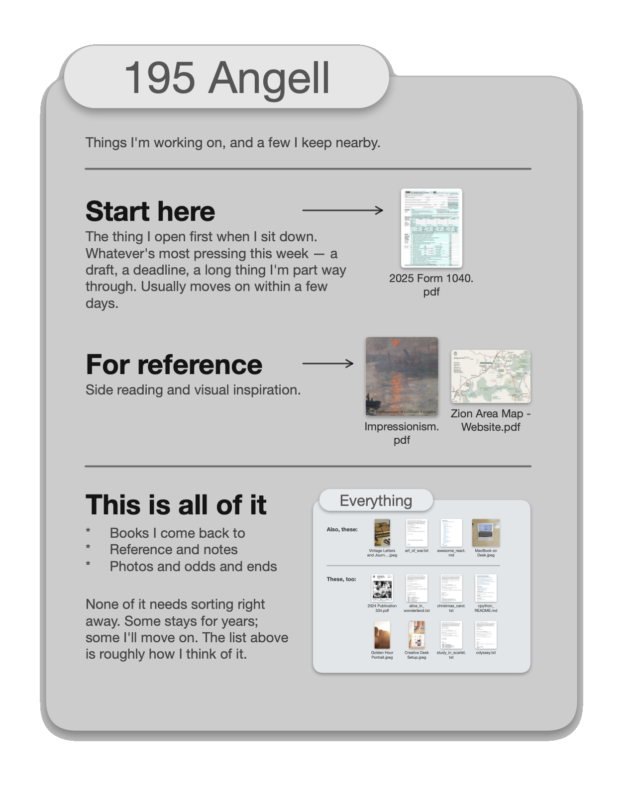A Mesa frame titled '195 Angell' — section headers, file thumbnails (a tax form, a Monet, a map), and a nested frame called Everything.